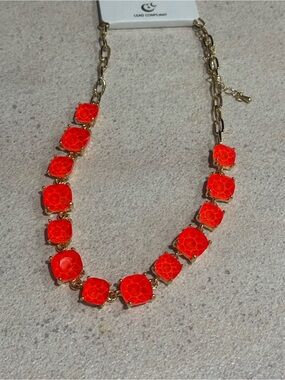Gold Chain Necklace with Bright Orange-Red Faceted Stones